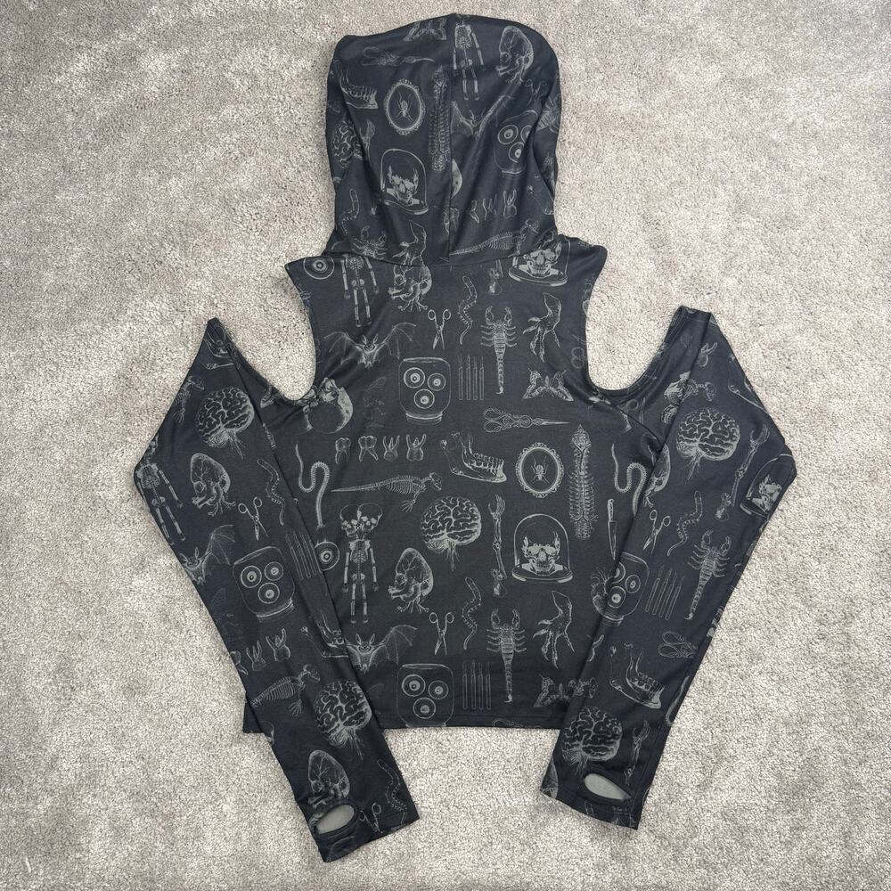 Cosmic Aura Hot Topic Skulls Brain Scorpion Cold Shoulder Crop Hoodie Size L - Picture 3 of 4